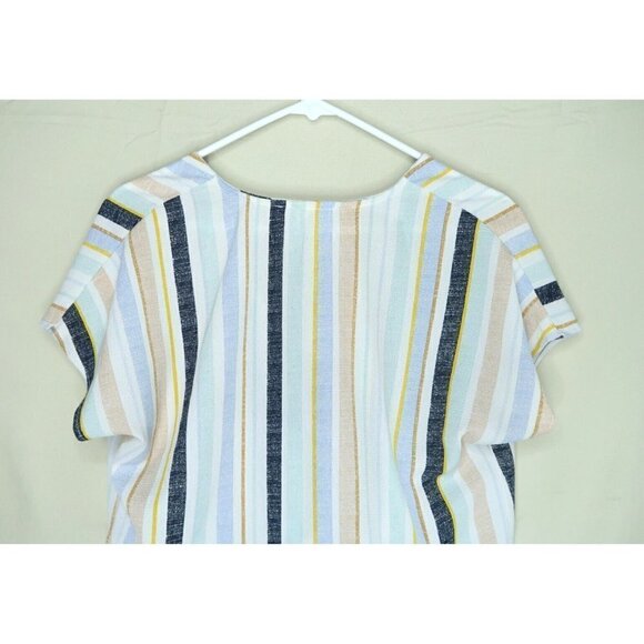 Sadie and Sage Cream Gray Striped Tie Front Crepe Short Sleeves Womens Sz Small - Picture 5 of 9